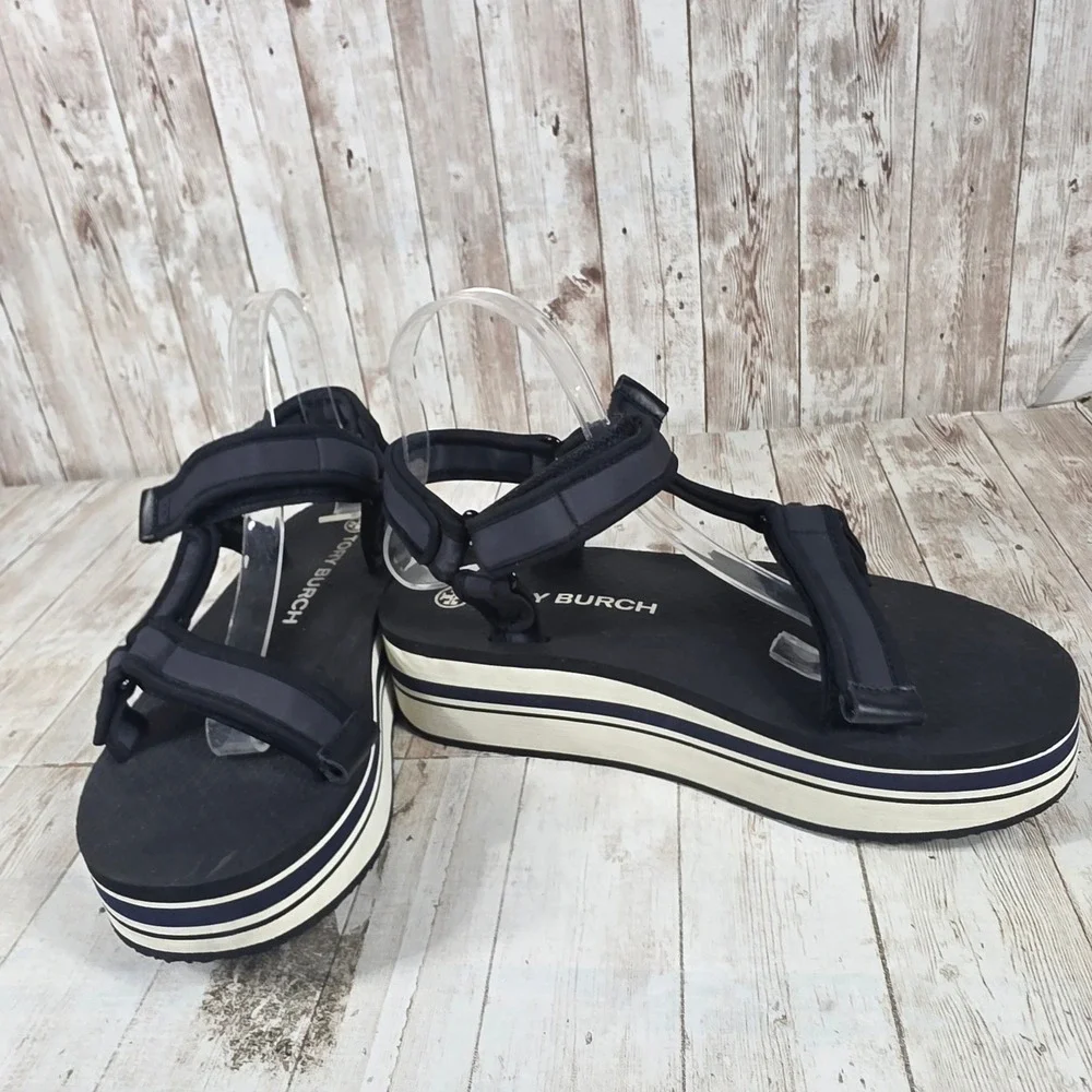 Tory Burch Womens Navy Black Striped Platform Sport‎ Sandals Size 9M Strappy